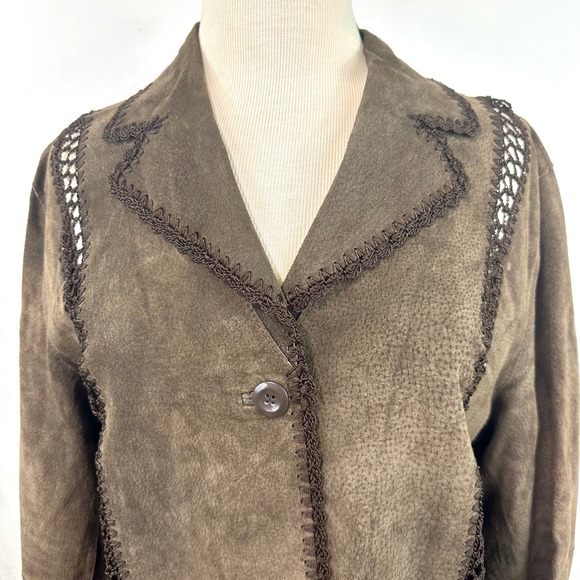 WHITE STAG Y2K Brown Suede Leather Blazer Jacket  Crochet Patchwork Women's XL - Picture 2 of 7